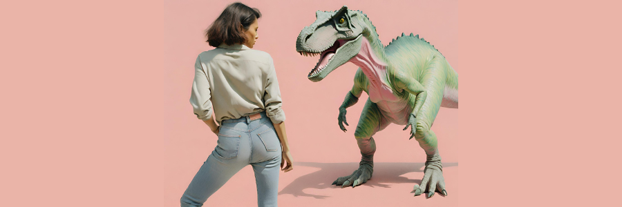 Femme dressée contre un dinosaure pour défier le sexisme